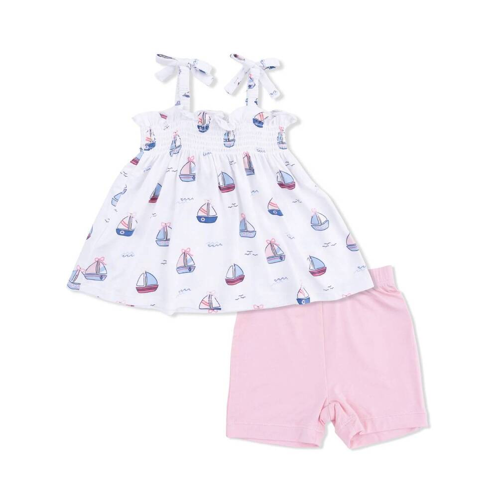 NEW ANGEL DEAR kids bubbly sailboats smocked top & bike short set in pink bamboo
